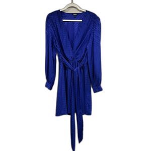 Express Jacquard Satin Tie-Waist Long Sleeve Mini Dress – Royal Blue L
